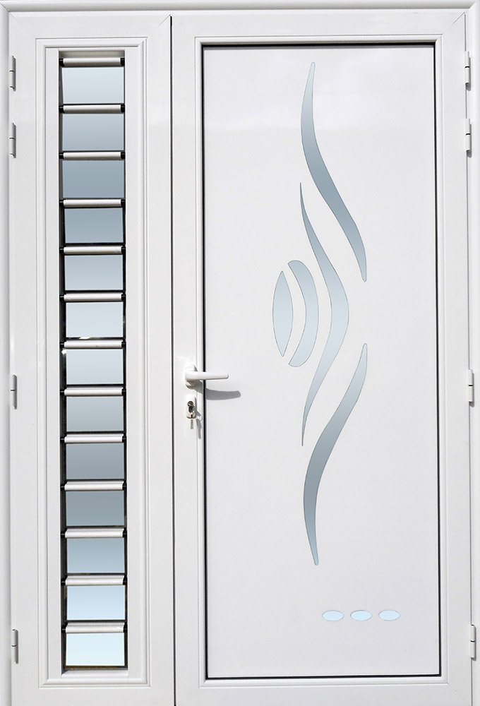 Porte d'entrée décor Sanza avec jalousie en aluminium et verre opale MG ALUMINIUM